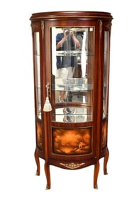 Verni Martin style curio cabinet, single glass door over painted landscape, gilded accoutrements,