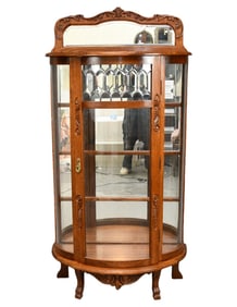 Oak vitrine, Bowed Glass with single door under leaded glass panel, 55"H x 33"W x 16"