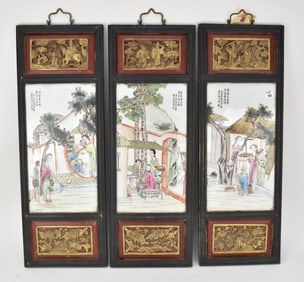 3 Chinese Porcelain Panels, Plaque Inserts in Wood Frames with Carvings, 32"h x 11"w