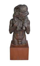Bronze Sculputure of Man with Child on  his shoulder, sculpture is 34-1/2 x 19wide 13 depth. Base is