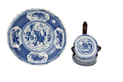 Oversized Blue & White Chinese Charger (3"h x 20"dia) & 7 Plates, Blue & White "Made in China"