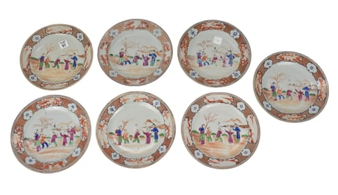 7 Chinese Export Plates Depicting Outdoor Games, 9"dia (2 chips)
