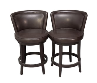 Pair Brown Leather Swivel Bar Chairs, 35"h