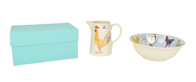Tiffany & Co. Pitcher (7 1/2" h) and Bowl, Hen Motif (4" h x 12") With Tiffany Box (7" h x 13" w x