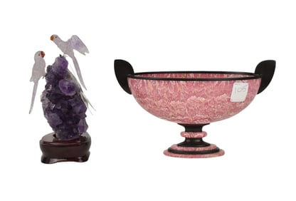 Amethyst Geode with 2 Birds AND Boat Shape Pink Stone Pedestal Bowl