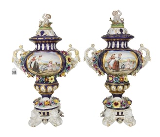 Pair Oversized Porcelain Covered Urns, German, Painted Panels Front & Back, Applied Flowers, Lid