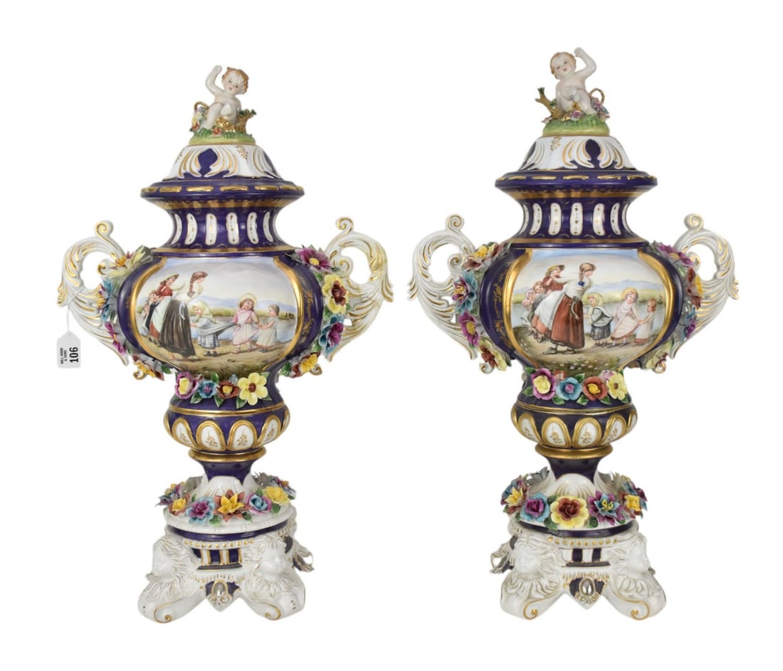 Pair Oversized Porcelain Covered Urns, German, Painted Panels Front & Back, Applied Flowers, Lid (1 of 11)