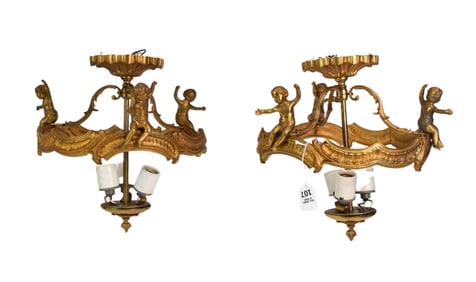Pair Gilded Hanging Antique Light Fixtures, Each with 3 Lights & Applied Putties, 13"h x 12"w