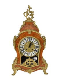 French Style Mantle Clock, Fine Reproduction Gilded Bronze Accoutrements with Wood Inlay Front &