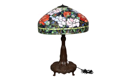 Floral Leaded Glass Shade (25"dia), Tiffany Style Bronze/Iron Base, 30"h