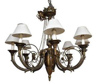 Bronze 8 Light Chandelier, Versace Style Faces Lead to Scrolling Arms, 34" x  37"w
