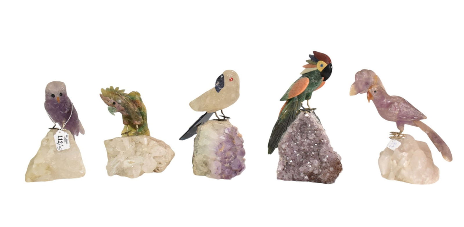 5 Carved Semi-Precious Stone Birds on Quartz/Geode Bases, 8"h to 12"h (feathers on one bird reglued) (1 of 11)
