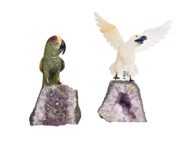 2 Carved Semi-Precious Stone Birds, Quartz with Glued Wing, Both on Amethyst Geodes, 13"h to 17"h