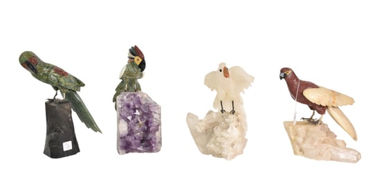 4 Carved Semi-Precious Stone Birds on 2 Quartz, 1 Amethyst and 1 Black Stone Base (some repairs)