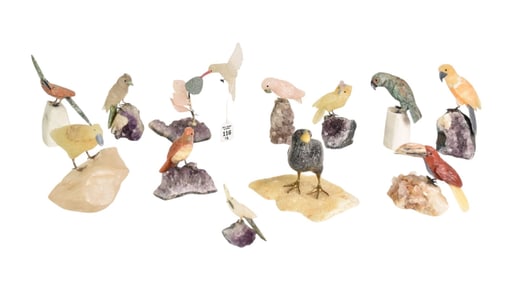 12 Assorted Species Carved Semi-Precious Stone Birds on Quartz Base, 2"h to 4"h
