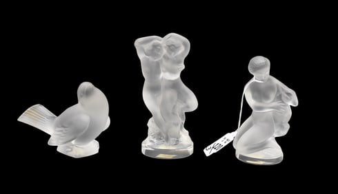 3 Lalique Crystal Pcs, Figural Couple, Kneeling Lady with Fawn and Single Bird