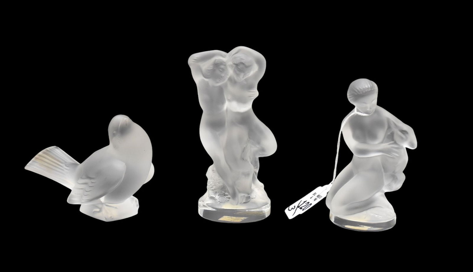 3 Lalique Crystal Pcs, Figural Couple, Kneeling Lady with Fawn and Single Bird (1 of 10)