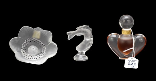 3 Lalique Crystal Pcs, "Goujon" Fish, "Anemone" Flower and Perfume Bottle