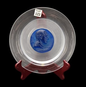 Daum France Crystal Plate, Intaglio Cobalt Bust In Center, 9 1/2"dia