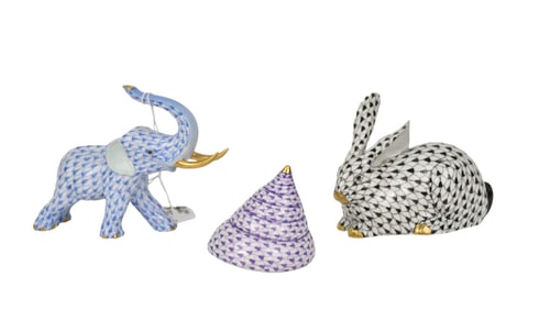 3 Herend Pcs. Black Fishnet Rabbit, Blue Fishnet Elephant and Purple Fishnet Shell