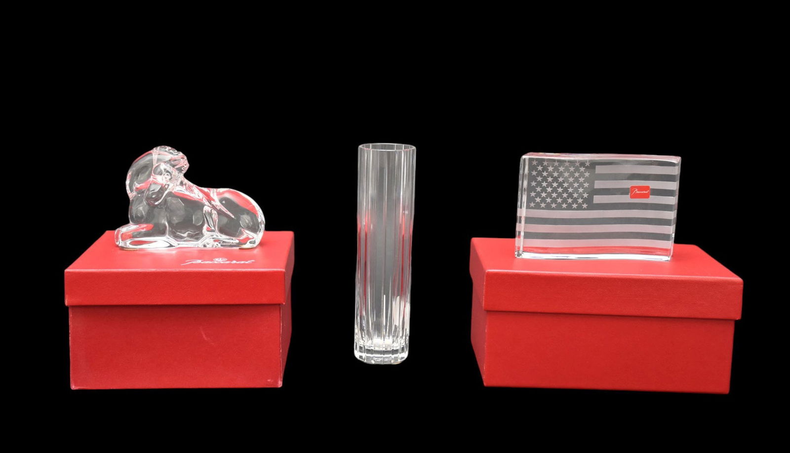 3 Baccarat Crystal Pcs, Unicorn, American Flag Paperweight and Bud Vase (1 of 5)