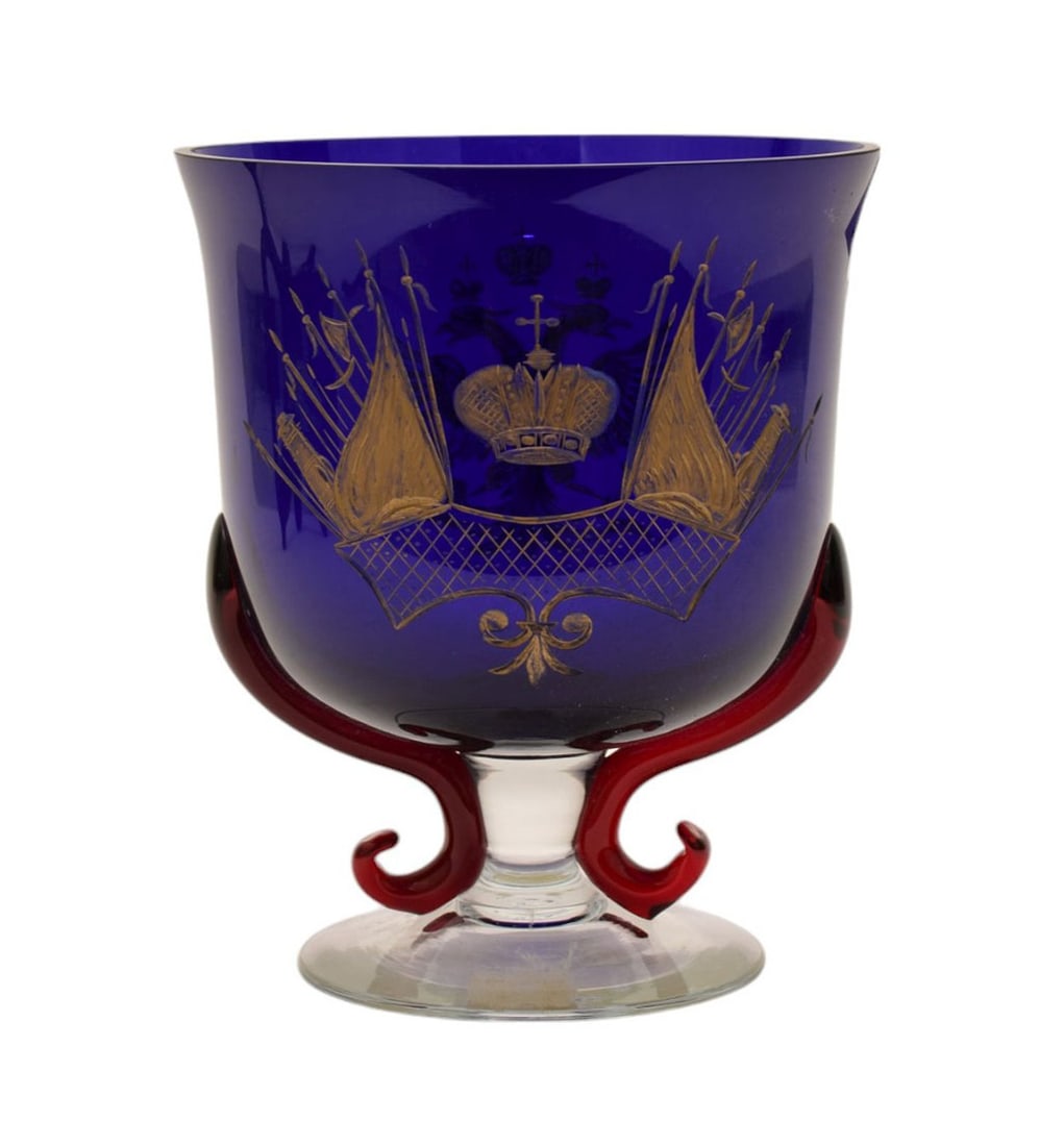 Cobalt Glass Engraved Bowl with Crown & Flags on Pedestal Base, 7 3/4"h x 6 3/4"w: Cobalt Glass Engraved Bowl with Crown & Flags on Pedestal Base, 7 3/4"h x 6 3/4"w