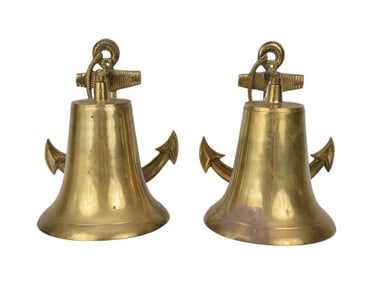 Pair Nautical Anchor Motif Brass Bells, Ready to Mount on the Wall, 12" h x 9" dia