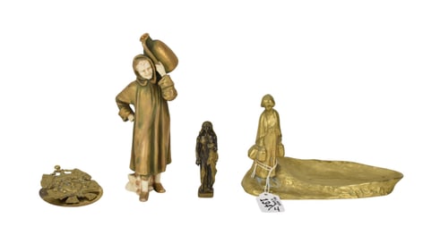 Grouping of 4 Antique Novelty Pcs.  Austrian Bronze Figure on Dish, Signed Tereszczuk, Bronze Nude