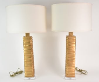 Pair Robert Kuo Gold Tone Metal Columnar Lamps on Lucite Bases, 31"h (top of harp)