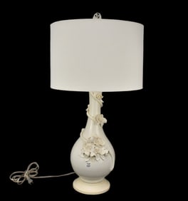 Blanc de Chine Porcelain Lamp with Applied Flowers (some chips) 36" h x 9" dia