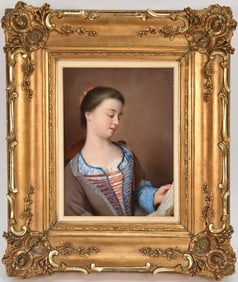 A Fine K.P.M. Porcelain Plaque signed Richter. Young girl reading a letter, plaque is 9-1/2 x 7-1/4