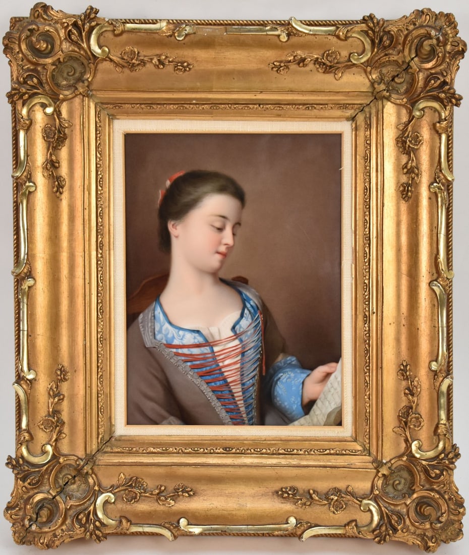 A Fine K.P.M. Porcelain Plaque signed Richter. Young girl reading a letter, plaque is 9-1/2 x 7-1/4 (1 of 11)