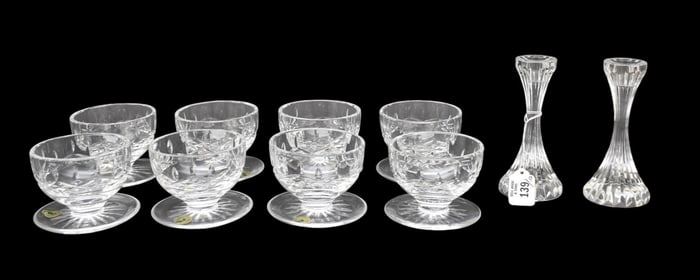 8 Waterford Crystal Sherbets And Pair Baccarat Crystal Candlesticks (6"h)
