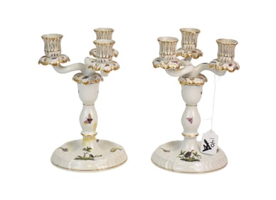 Pair Herend Porcelain 3 Branch Candelabras, Rothschild Bird Pattern (repair to one candelabra)