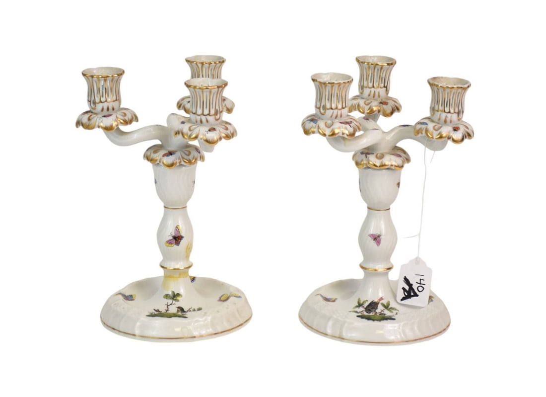 Pair Herend Porcelain 3 Branch Candelabras, Rothschild Bird Pattern (repair to one candelabra) (1 of 9)