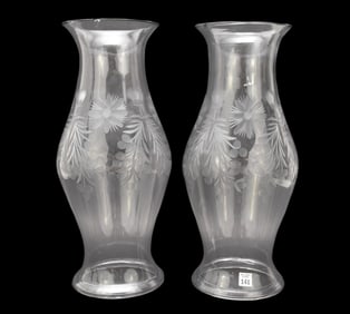 Antique Oversized Engraved Hurricane Shades, 20"h (each rim with 2" ground repairs)