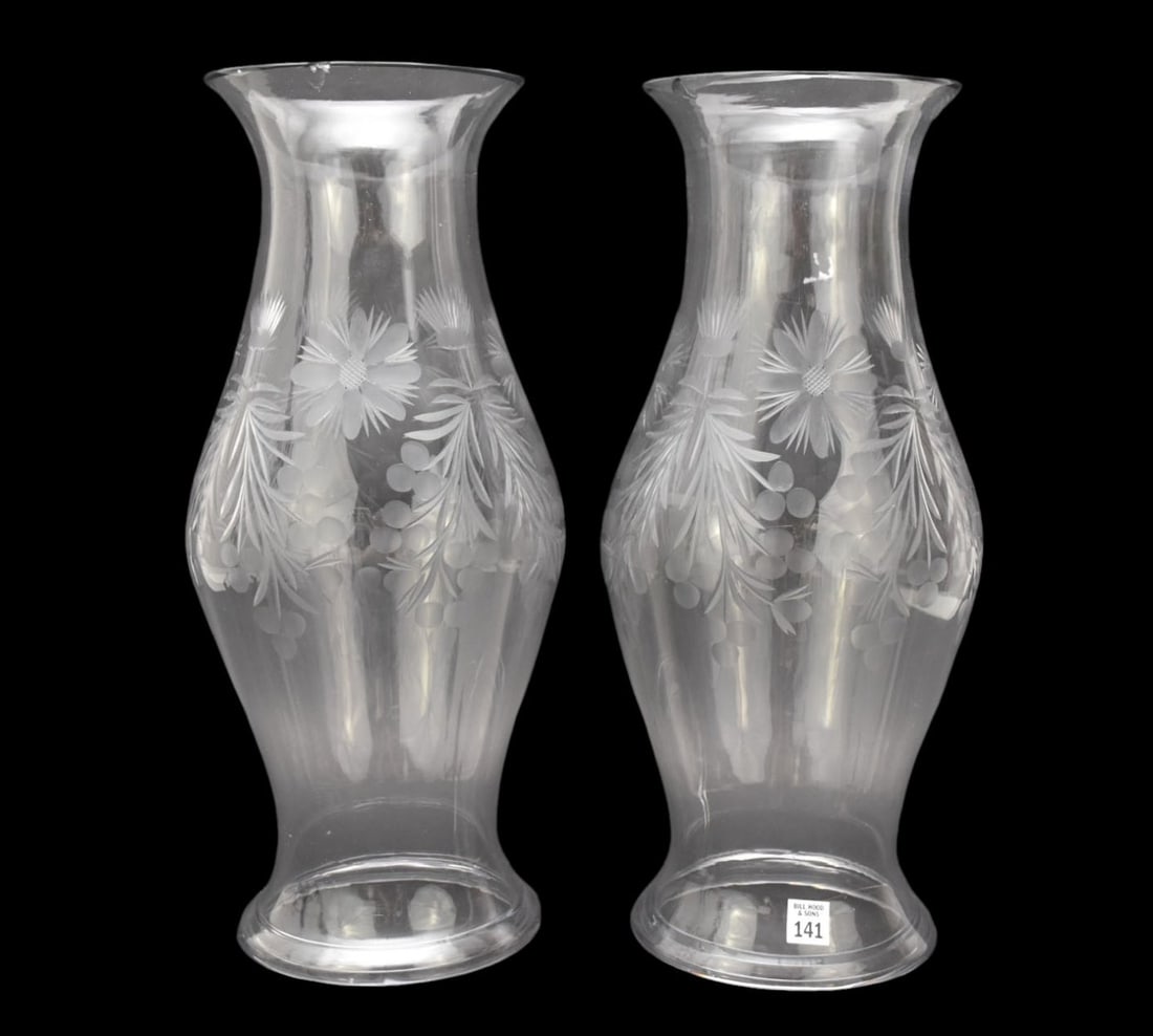 Antique Oversized Engraved Hurricane Shades, 20"h (each rim with 2" ground repairs): Antique Oversized Engraved Hurricane Shades, 20"h (each rim with 2" ground repairs)