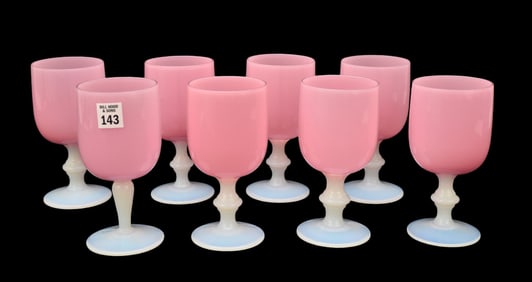 8 Vintage Pink & White Opaline Stemmed Goblets, 6 3/4"h