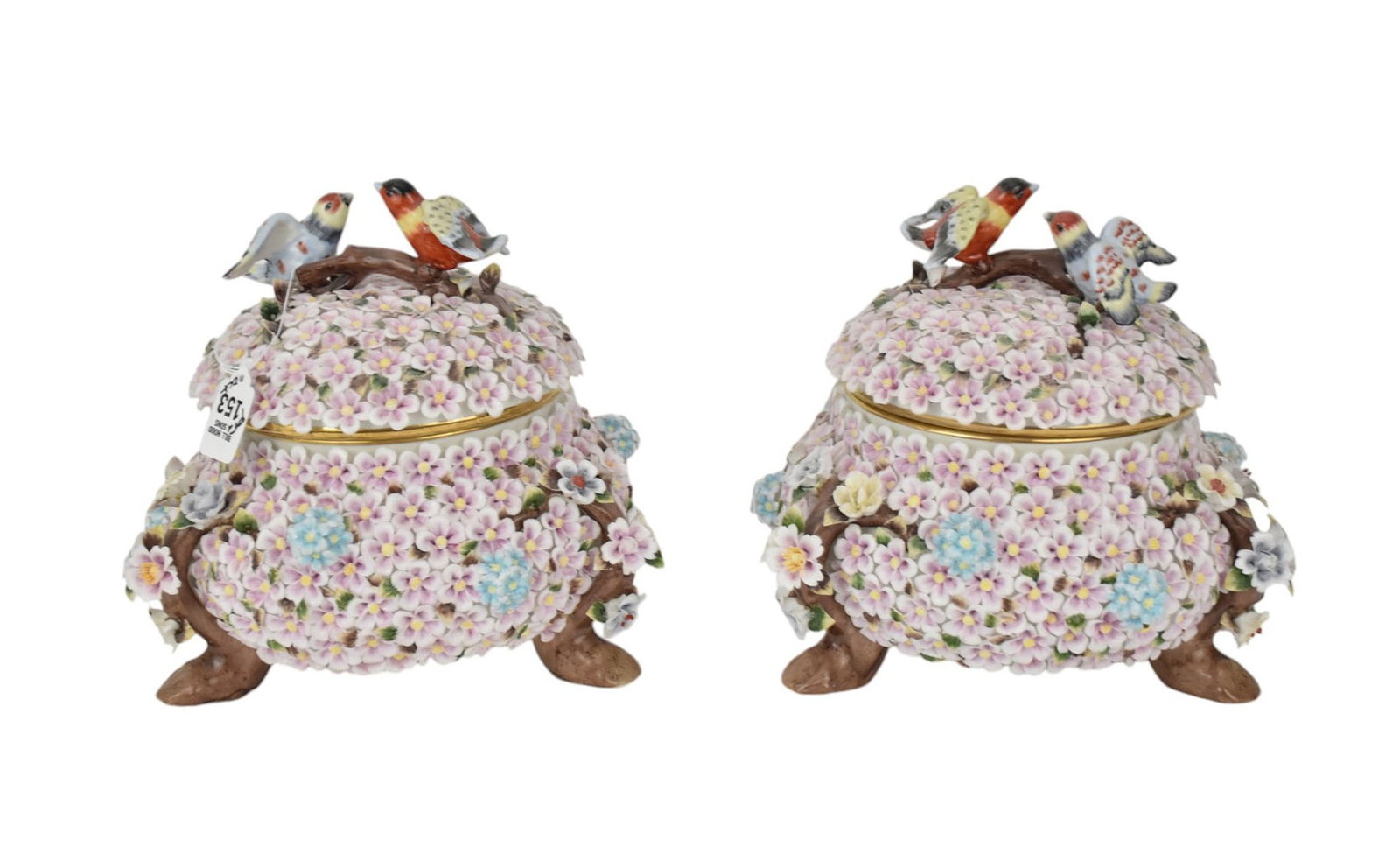 Pair Covered German Style Porcelain Bowls with overall Raised Flower Design and Bird Finial on: Pair Covered German Style Porcelain Bowls with overall Raised Flower Design and Bird Finial on Branch Form Feet
