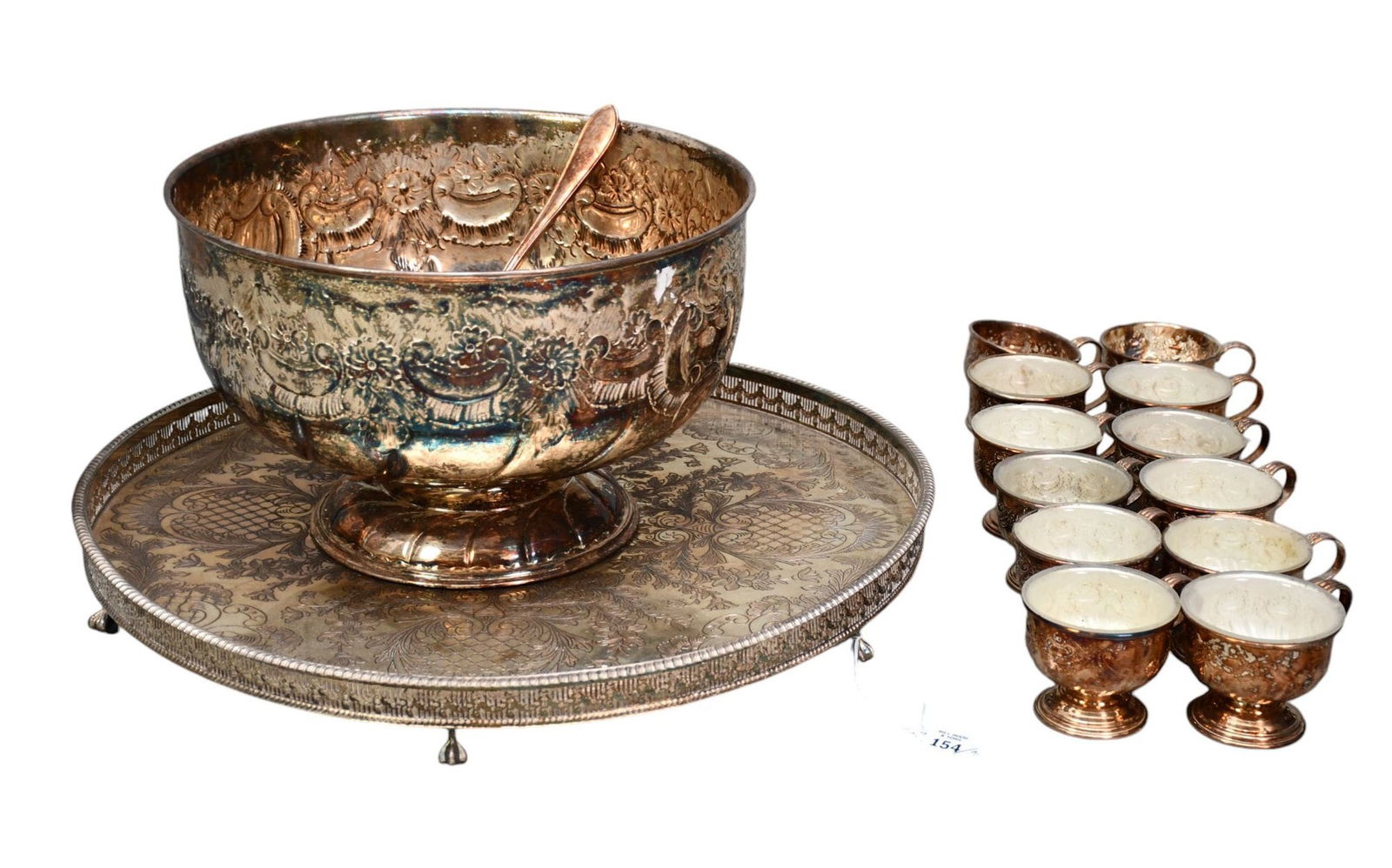 Very Large Silverplate Punch Bowl (15"dia), Reticulated Gallery Tray On Claw Feet (22"dia) AND 12 (1 of 5)