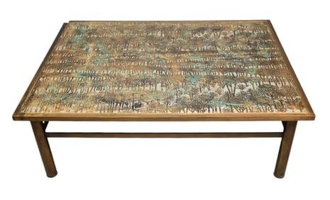 Philip and Kelvin Laverne "Eternal Forest" coffee table, cast with an allover tree pattern patinated