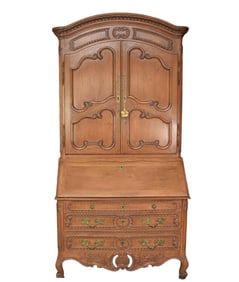 Country French Fruitwood Secretary, paneled doors over drop front with fitted interior over three