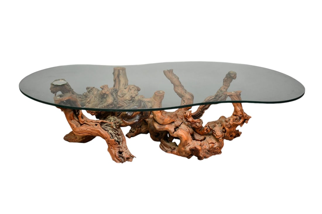 Driftwood/Root Coffee Table with Glass Top, 14" h x 59" w x 33" d (1 of 5)
