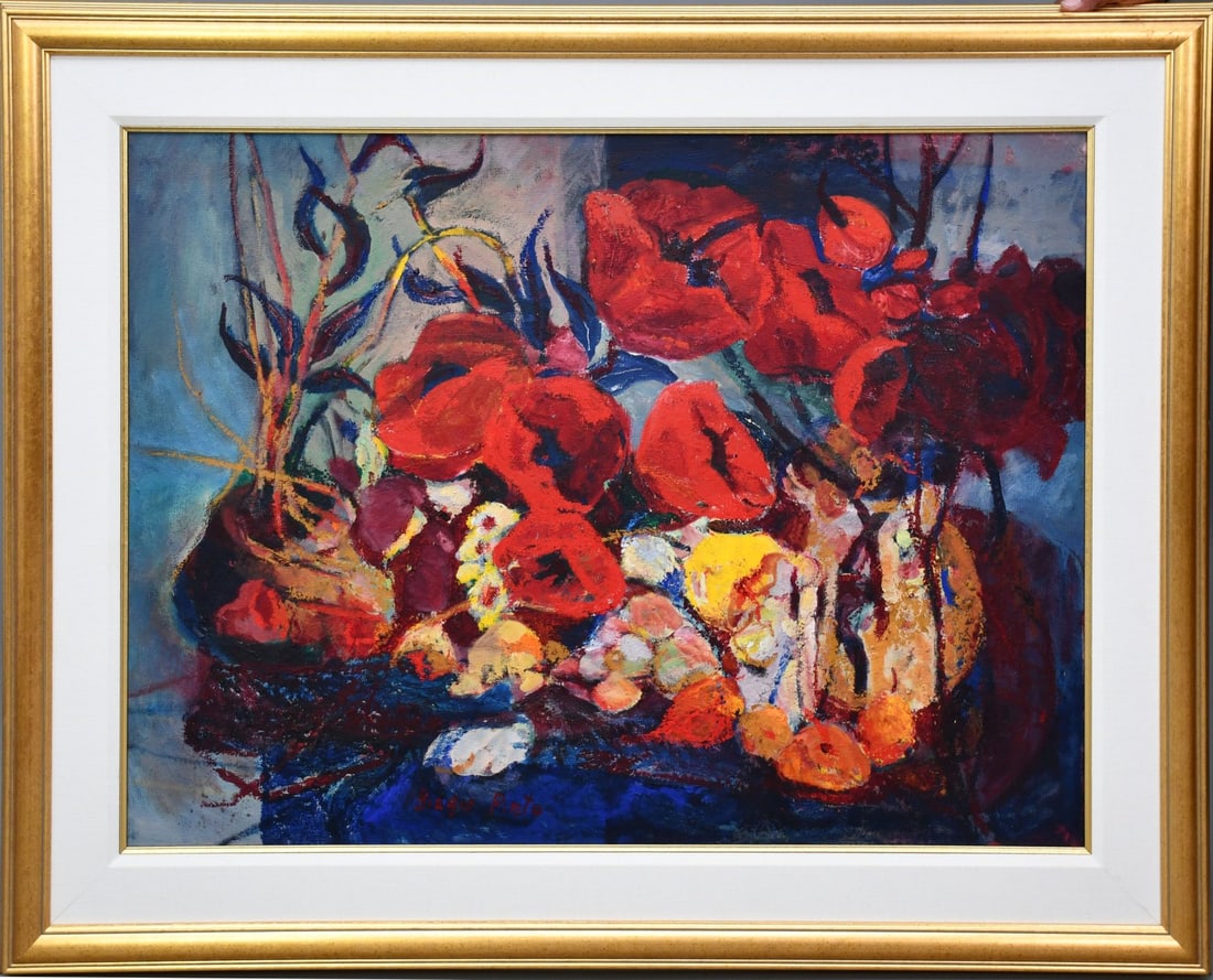 Biagio Pinto (American, 1911-1989) oil on board, large still life of flowers, signed lower left, 29": Biagio Pinto (American, 1911-1989) oil on board, large still life of flowers, signed lower left, 29" x 39" sight, 39 1/2" x 49 1/2" overall