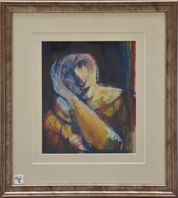 Biagio Pinto (American, 1911-1989) Portrait of Pensive Woman, mixed media oil crayon watercolor,
