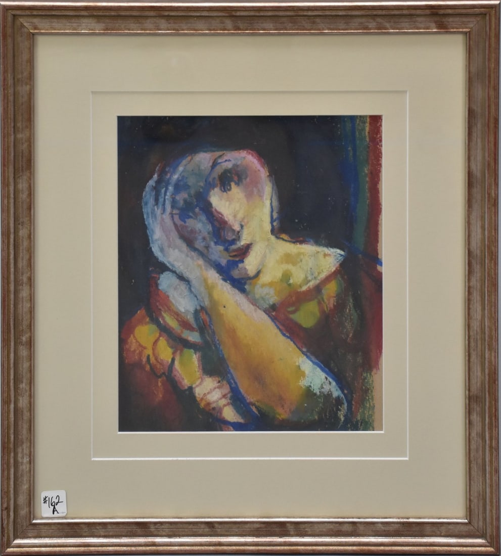 Biagio Pinto (American, 1911-1989) Portrait of Pensive Woman, mixed media oil crayon watercolor, (1 of 5)