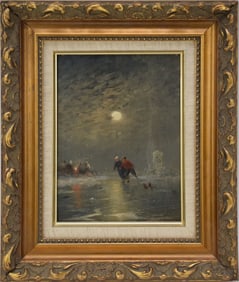19th century Dutch School, oil on Panel, skating on the pond at night, signed lower right, 10" x 7"