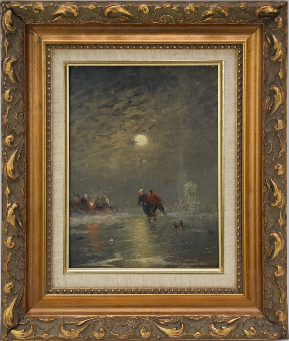 19th century Dutch School, oil on Panel, skating on the pond at night, signed lower right, 10" x 7" (1 of 5)