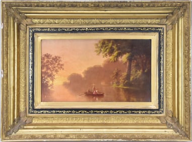 19th C. Hudson River School, sunset on the river, relined oil on canvas, signed and dated lower