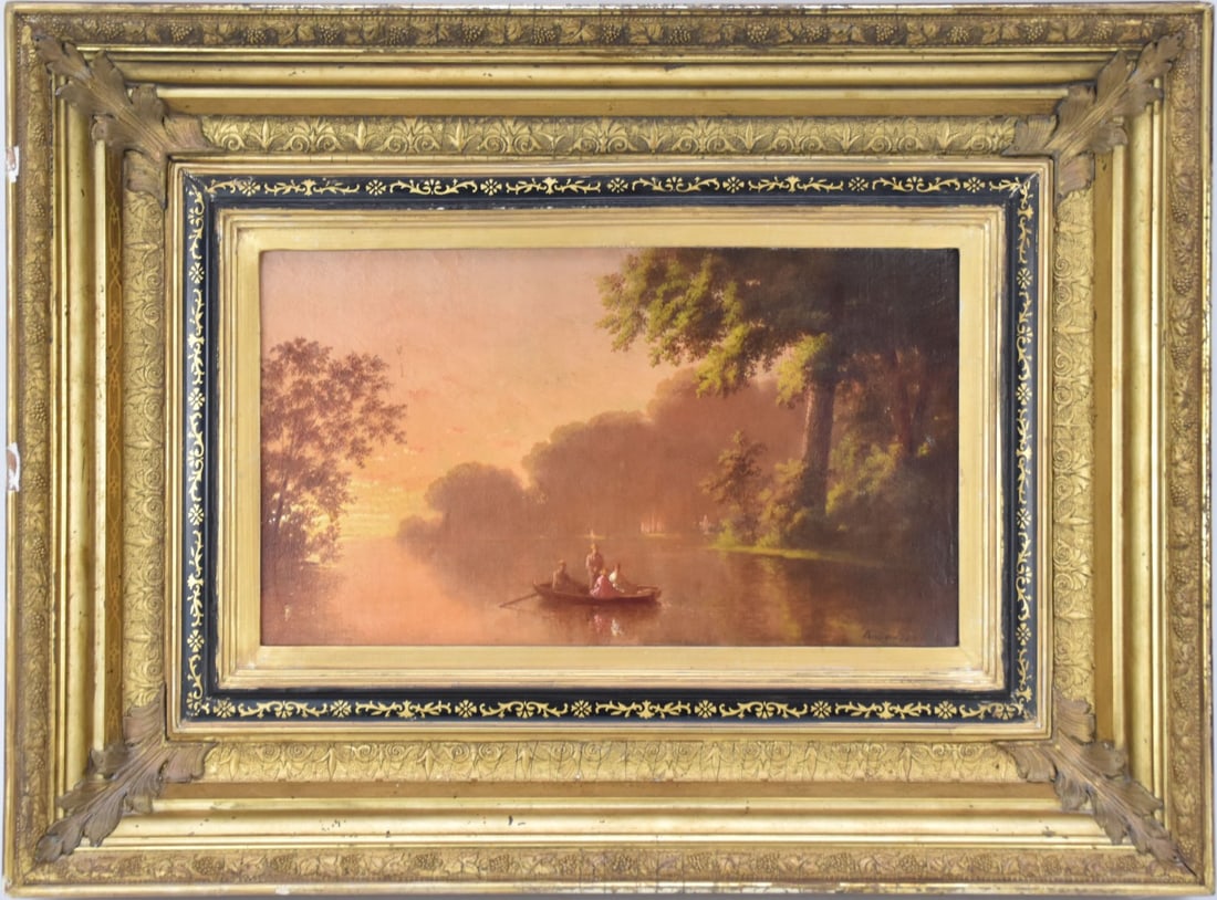 19th C. Hudson River School, sunset on the river, relined oil on canvas, signed and dated lower (1 of 7)